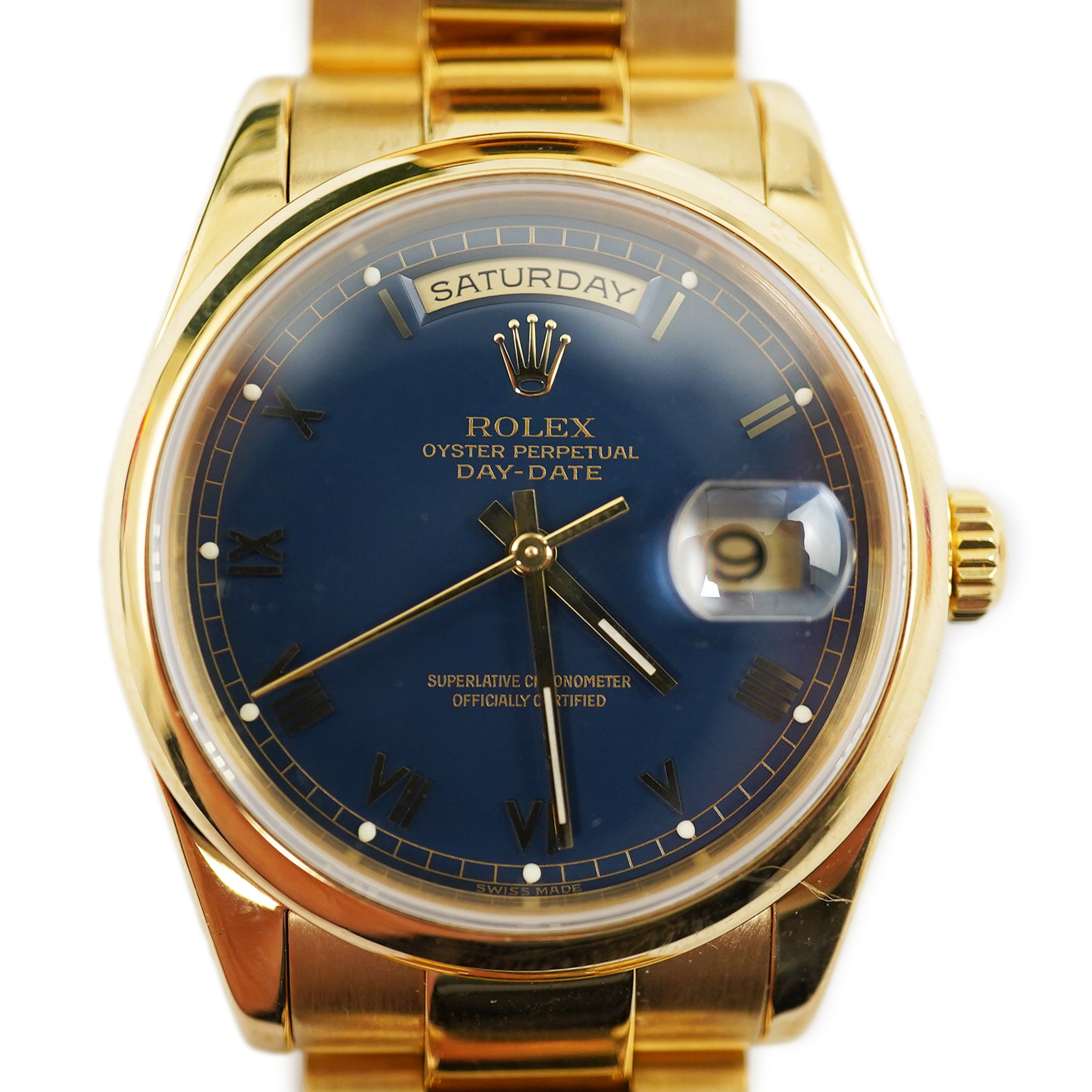 A gentleman's 2004 18ct gold Rolex Oyster Perpetual Day-Date wrist watch, on an 18ct gold Rolex bracelet with deployment clasp